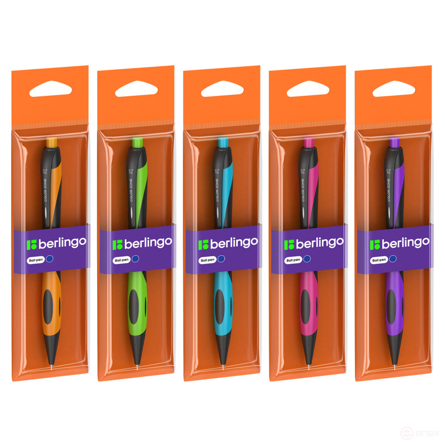 Ручка шариковая автоматическая Berlingo "Color Zone" синяя, 0,7 мм, корпус ассорти, пакет с европодвесом
