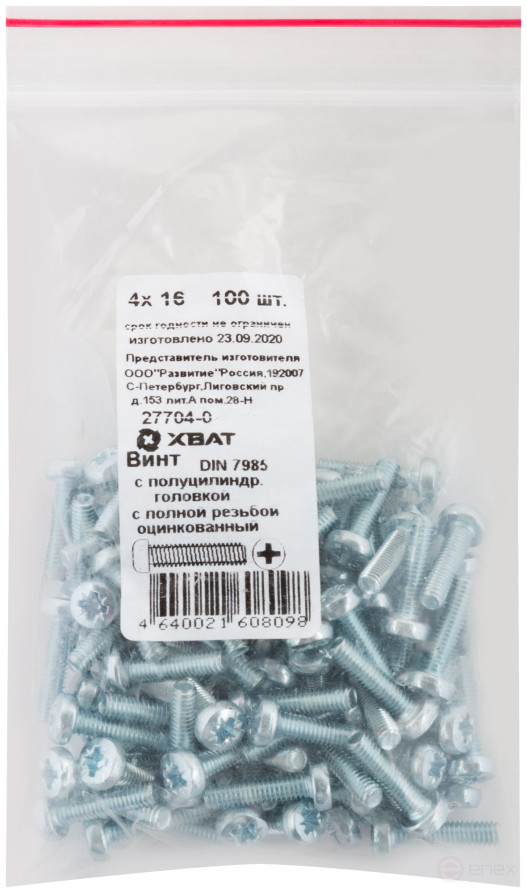A semi-cylindrical screw. a head with a full thread of pins. DIN 7985 4x16 (packing 100 pcs)