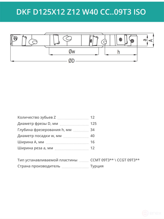 Фреза дисковая D125 мм, 12 зубьев DKF D125X12 Z12 W40 CC..09T3 ISO / пластина CC*T 09T3**