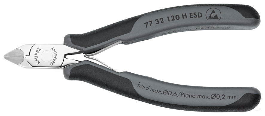 Бокорезы для электроники ESD, экстр. нагрузки,остр. головка,рез: провол. мягк. Ø 1.6 мм,ср. Ø 1.0 мм,тв. Ø 0.6 мм,роял. струна Ø 0.2 мм,L-120 мм,83HRC