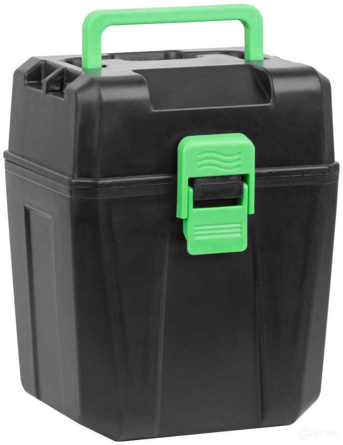 Уровень лазерный самоуспокаивающийся, зеленые лучи, горизонталь + 4 вертикали, диапазон 20 м, Li-Ion аккум., 2 уровня яркости, без треноги, коробка