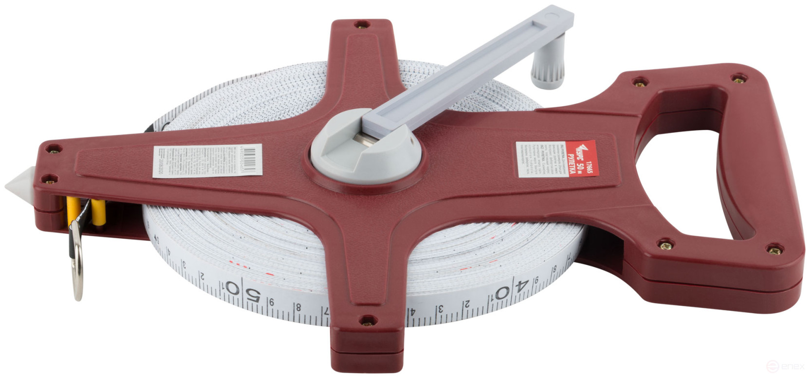 Measuring tape, red open case, fiberglass tape 50 m