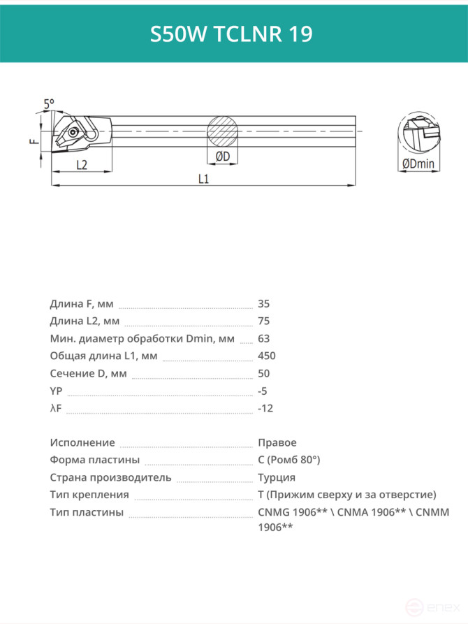 S50W TCLNR 19 внутренний токарный расточной резец правый, 50 мм / пластина CNMG 1906**