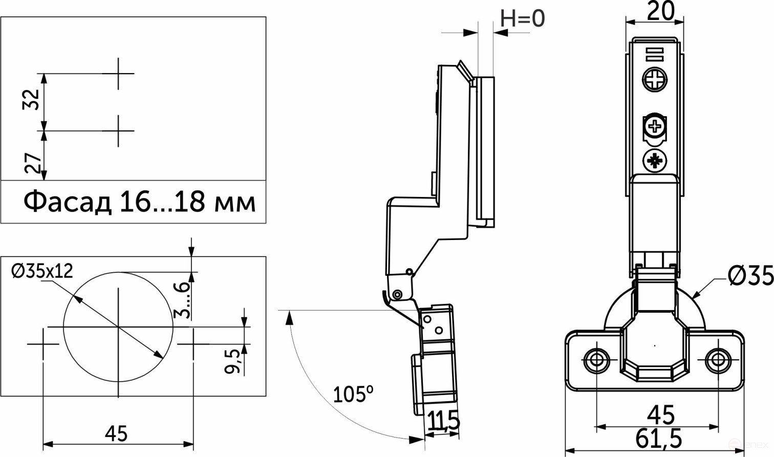 Inner hinge with door closer 45mm h0 clip-on AKS PLUS 3D narrow (self-tapping screws, plugs)