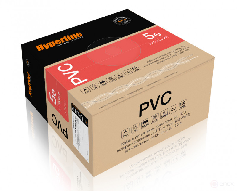 UUTP4-C5E-S24-IN-PVC-GY-100 (100 м) Кабель витая пара, неэкранированная U/UTP, категория 5e, 4 пары (24 AWG), одножильный (solid), PVC, -20°C – +75°C, серый - гарантия: 15 лет компонентная, 25 лет системная