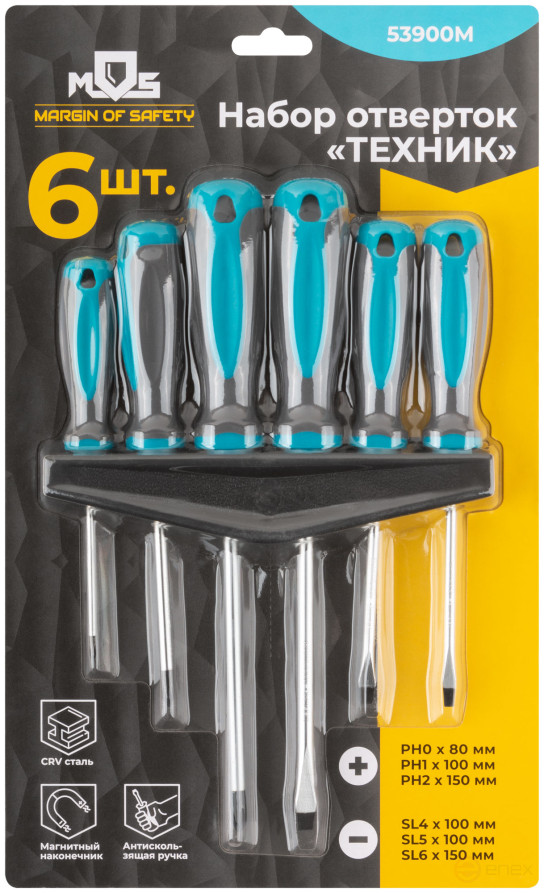 Набор отверток "Техник", на держателе, CrV сталь, прорезиненные ручки, 6 шт., PH0,1,2 + SL4,5,6