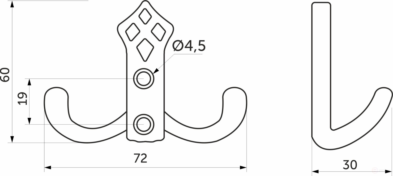 Hook metal two-horn metal PALAZZO antique brass AKS