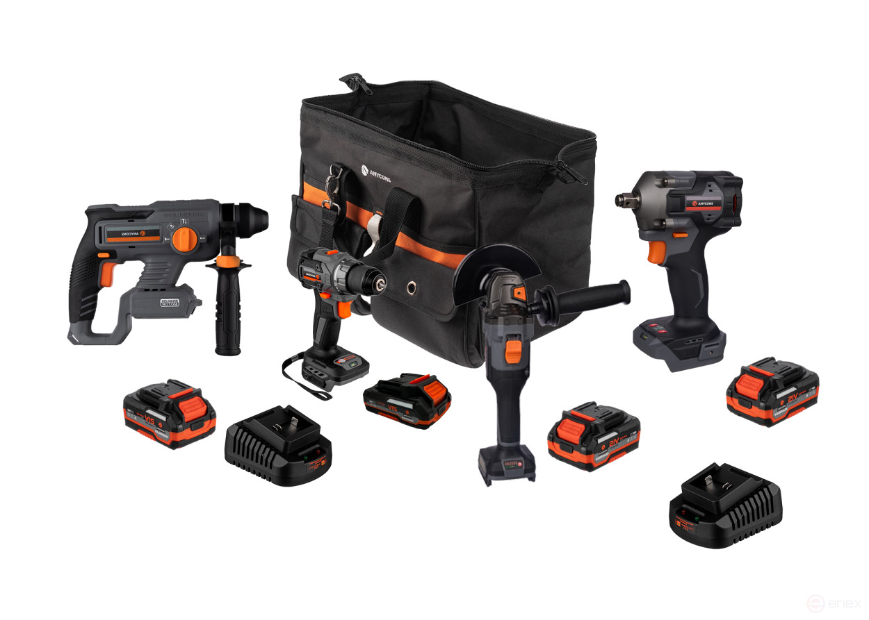 Set of 4 tools (drill-screwdriver 50 NM, wrench 380 NM, USM, hammer drill) Anycons AC-ST403