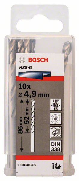 Metal drills HSS-G, DIN 338 4,9 x 52 x 86 mm