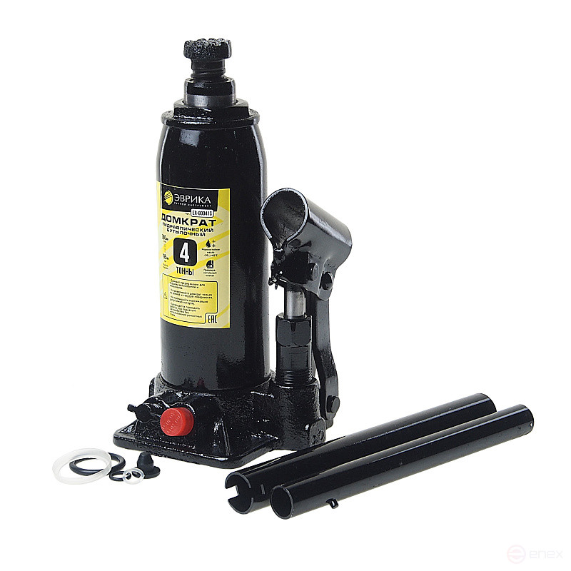 Домкрат гидравлический ER-80041S бутылочный с клапаном 4т, ремкомплект (выс. подъема 195-380мм) в кейсе ЭВРИКА /1/5