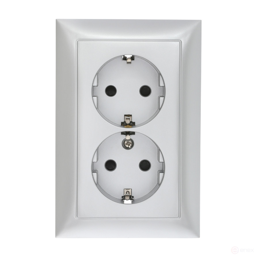 Double straight socket with S/c, with blinds (silver metallic) LK60