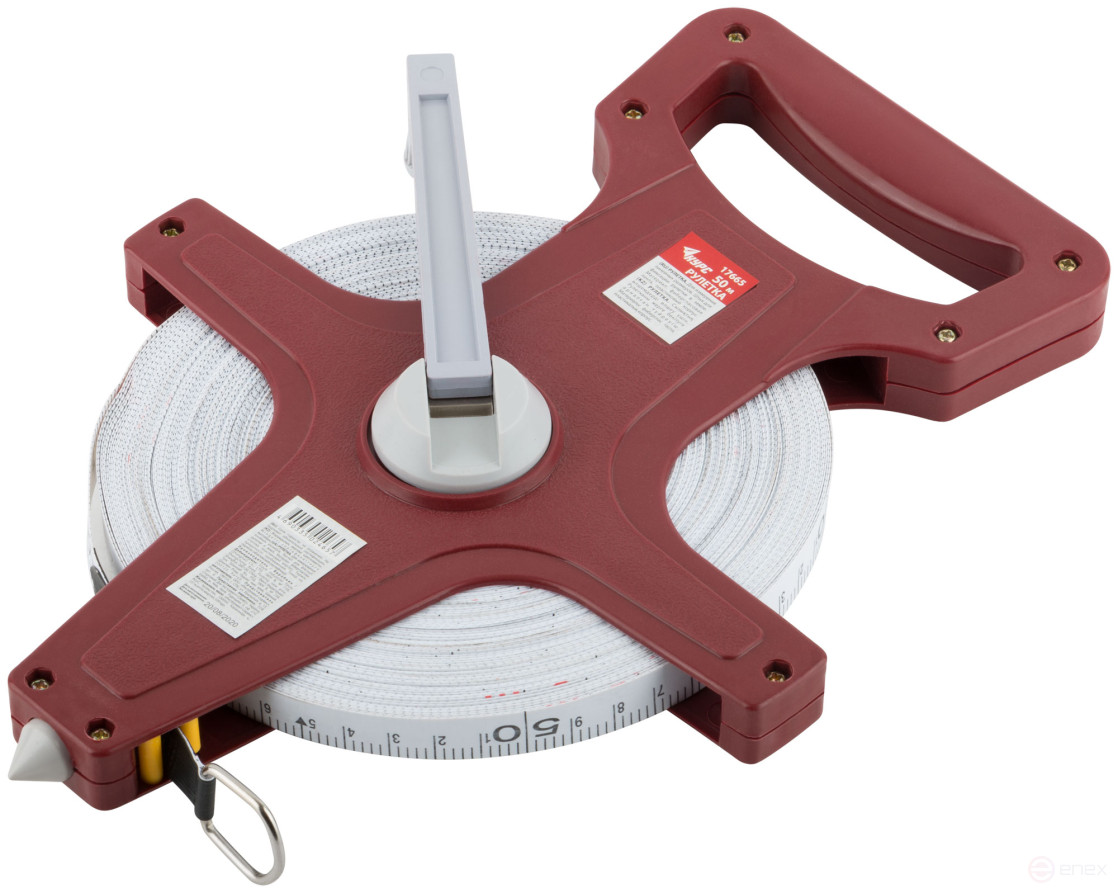 Measuring tape, red open case, fiberglass tape 50 m
