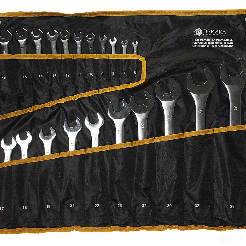 Набор ключей комбинированных (6,7,8,9,10,11,12,13,14,15,16,17,18,19,21,22,25,27,30,32,36мм) CrV сатинированных планшет 21 предмет ЭВРИКА 1/4