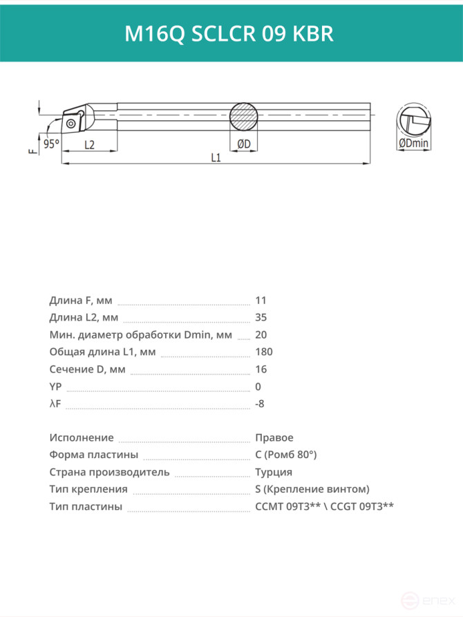 M16Q SCLCR 09 KBR внутренний твердосплавный расточной резец правый, 16 мм / пластина CCMT 09T3**