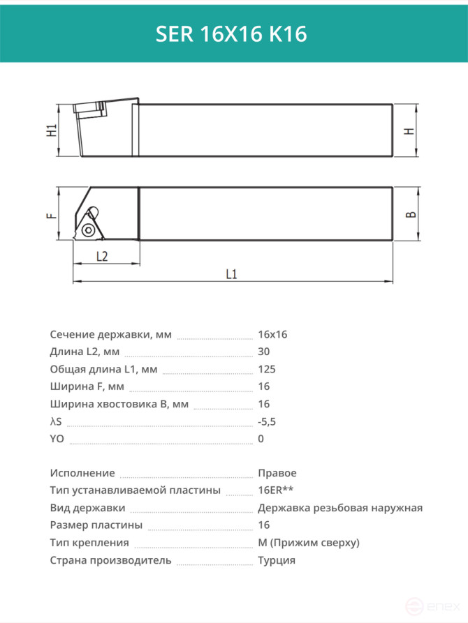 SER 16X16 K16 резец для наружной резьбы 16x16 мм, правый / пластина 16ER**