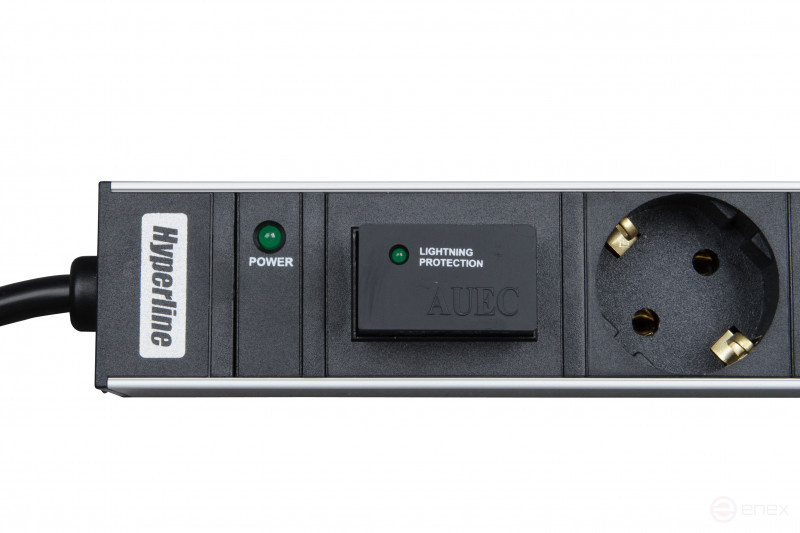 SHT19-7SH-IF-2.5EU Блок розеток для 19" шкафов, горизонтальный, 7 розеток Schuko, индикатор питания, защита от перенапряжения (сменный блок), кабель питания 2.5м (3х1.5мм2) с вилкой Schuko 16A, 250В, 482.6x44.4x44.4мм (ДхШхВ), корпус алюминий