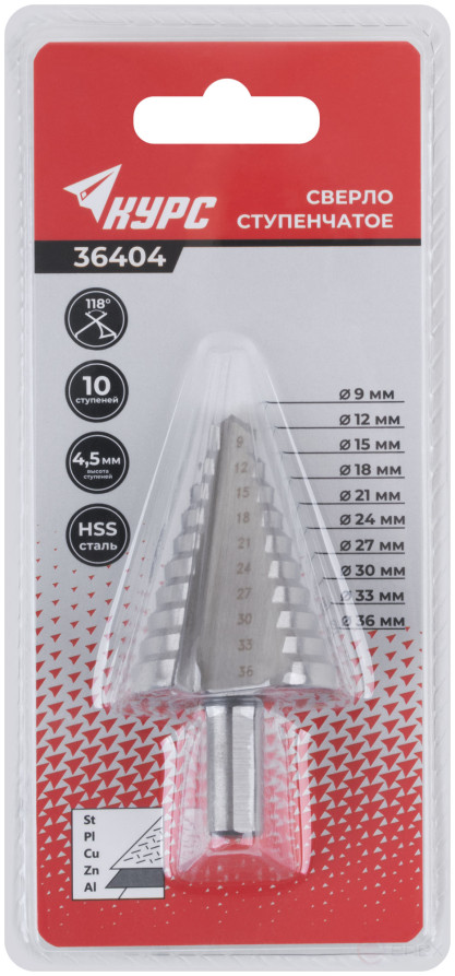 HSS step drill for metal, 10 steps, 9-36 mm