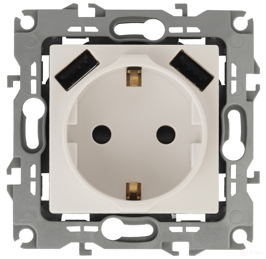 Розетка ЭРА Elegance 14-4109-02 2P+E 16A-250В штор. с 2xUSB 5В-3А слоновая кость