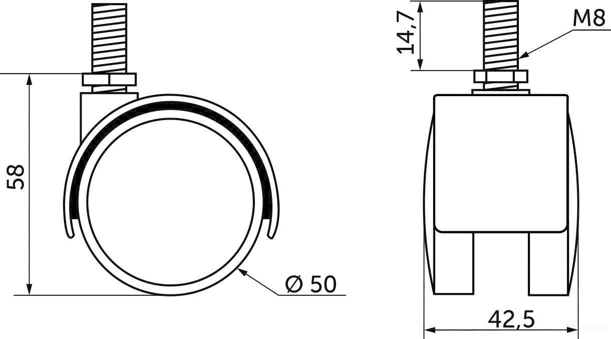 Meb. plast. d50 wheel with M8 screw, black AKS