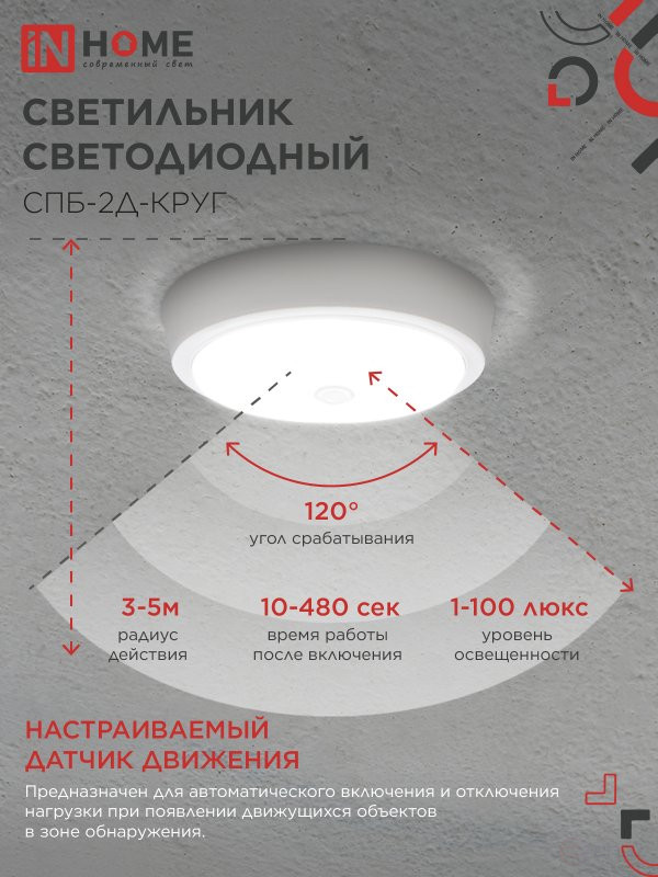Светильник светодиодный СПБ-2Д-КРУГ 14Вт 230В 4000К 1100Лм 210мм с настраиваемым датчиком белый IN HOME