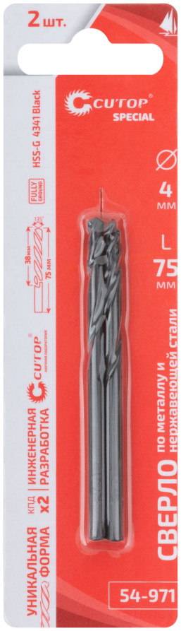 Сверло по металлу Cutop Special, HSS-G, 4 х 75/38 мм (2 шт)