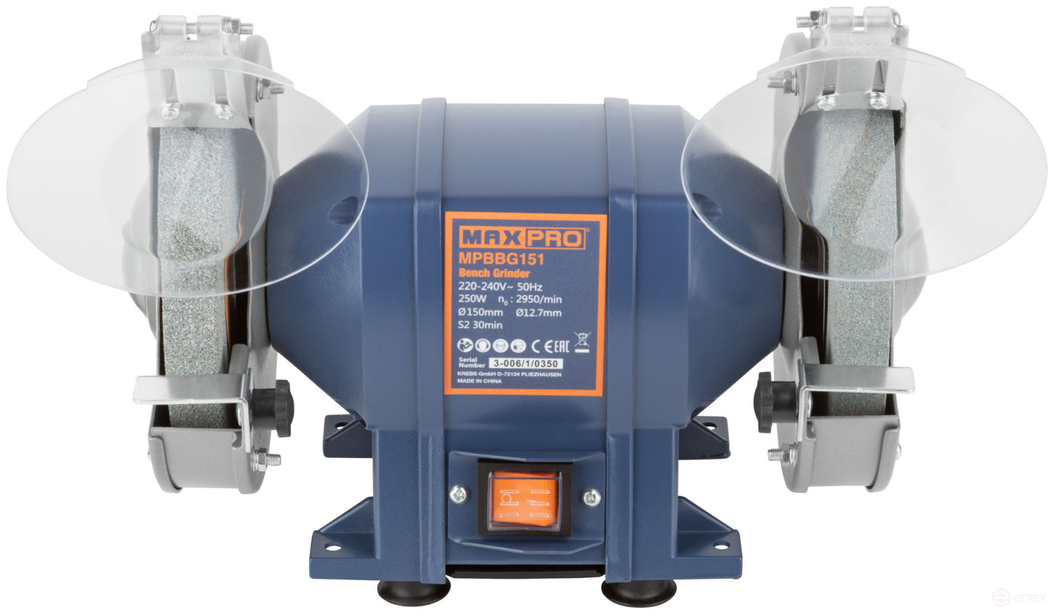 MAX-PRO Станок точильный 250 Вт; 2950/2950 об/мин; 1: 150/20/12,7 мм; 2: 150/20/12,7 мм; 6,55 кг; индукционный мотор; кор.