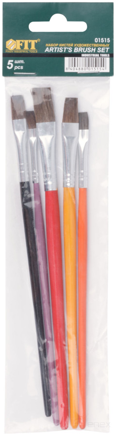 Artistic brushes, natural bristles, wooden handle, flat, set of 5 pcs.