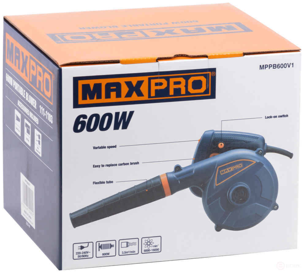 MAX-PRO Воздуходувка-пылесос 600 Вт; 6000-16000 об/мин; 3500 л/мин; 1,5 кг; дополнительные щетки; коробка