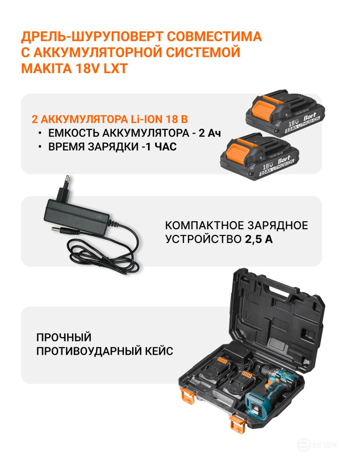 Дрель-шуруповерт аккумуляторная BORT BAB-21-BLK (2x1,5Ah)