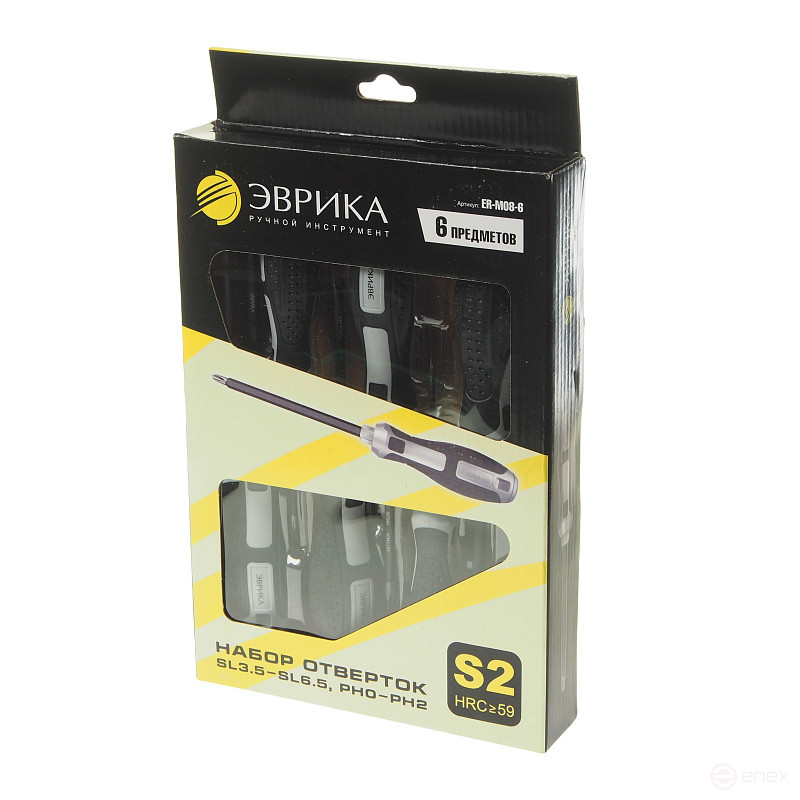 Набор отверток ER-M08-6 SL3.5x75 Ø3, SL5.5x100 Ø5, SL6.5x125 Ø6; PH0x75 Ø3, PH1x100 Ø5, PH2x125 Ø6, стержень S2, 6 предметов HRC≥59 ЭВРИКА /1/12 NEW