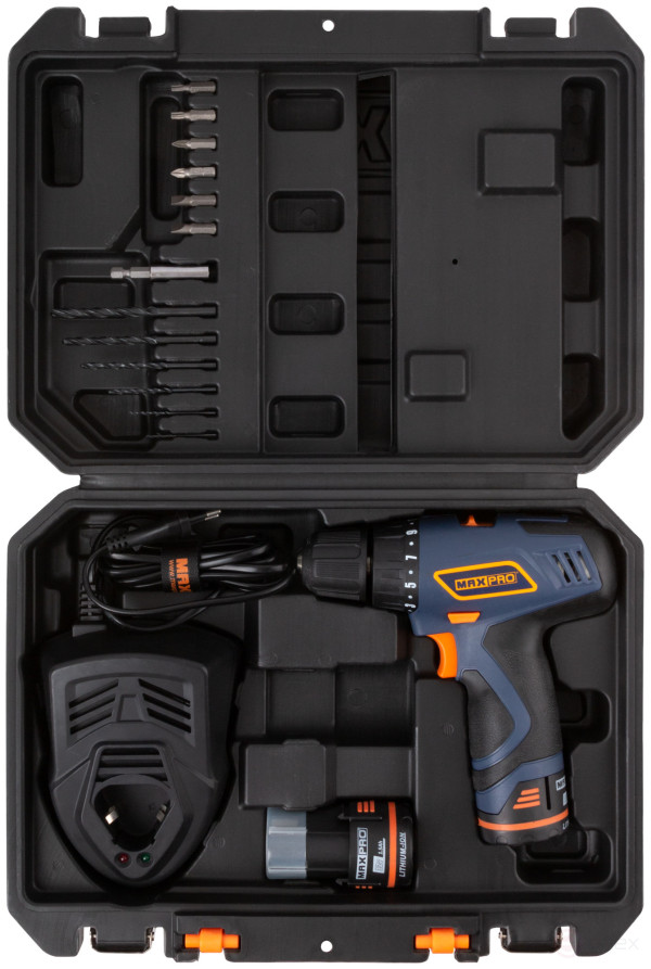 MAX-PRO Cordless Drill-Screwdriver 12V; 0-350/0-1100rpm; 10mm; 30Nm; 2 batteries (SAMSUNG Li-Ion)x1.5Ah; 17+1; 1h.; speed control; rubber