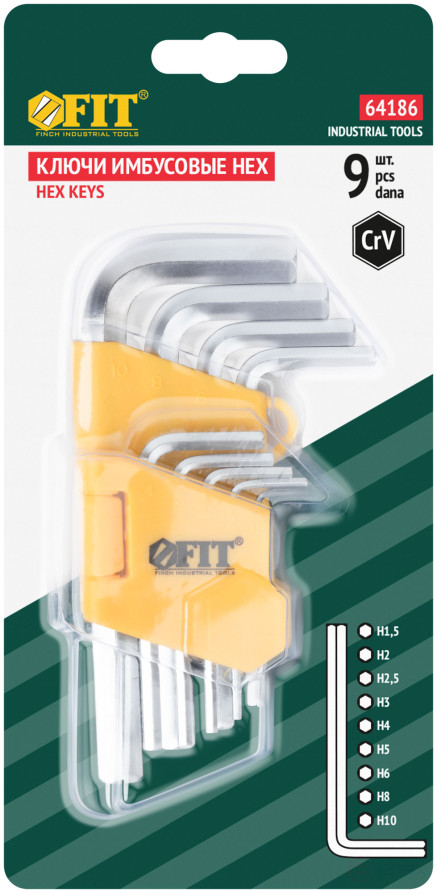 Ключи шестигранные, CrV сталь, 9 шт., 1,5-10 мм, в пластиковом держателе