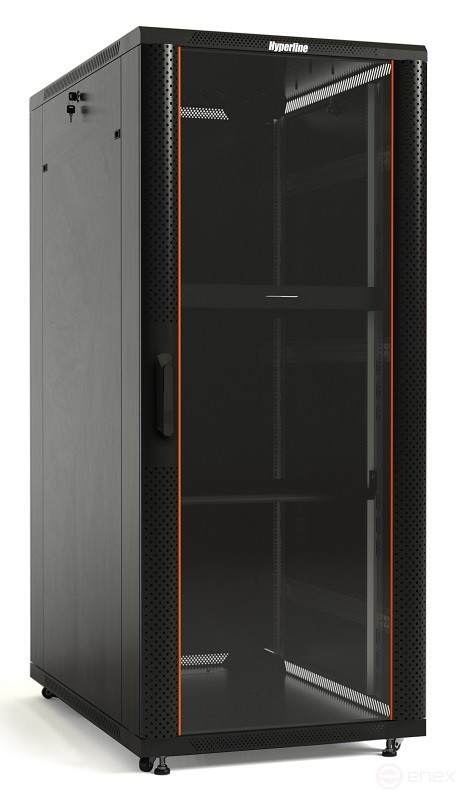 TTB-2261-AS-RAL9004 Шкаф напольный 19-дюймовый, 22U, 1166x600х1000 мм (ВхШхГ), передняя стеклянная дверь со стальными перфорированными боковинами, задняя дверь сплошная, ручка с замком, крыша нового типа, цвет черный (RAL 9004) (разобранный)