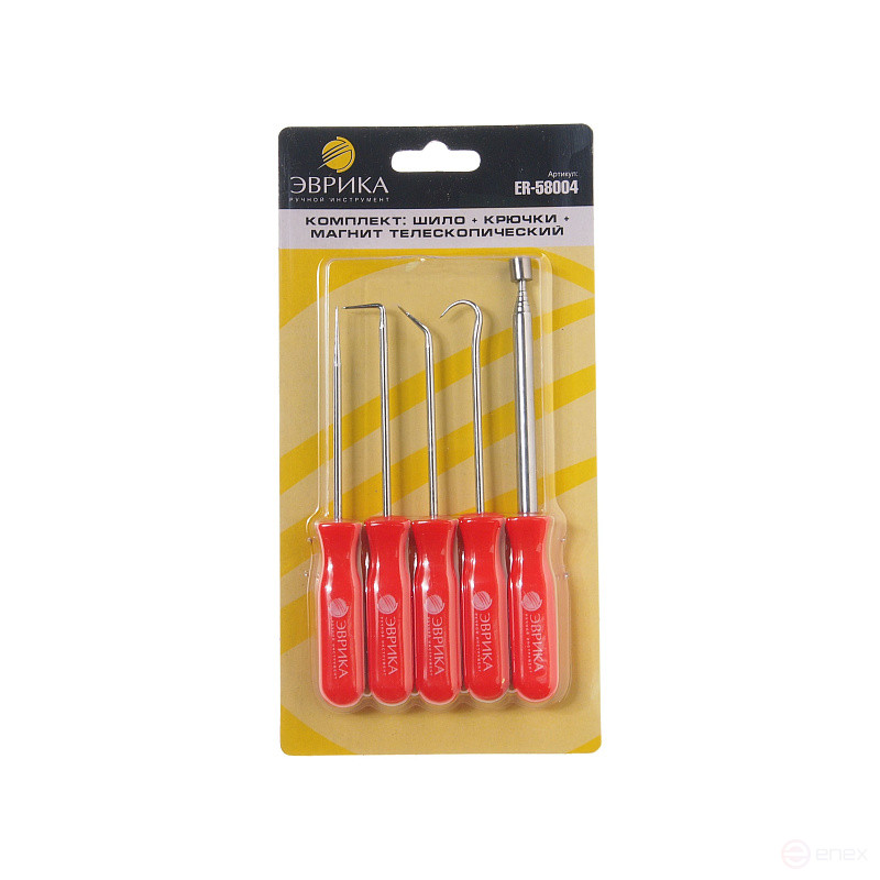 Набор ER-58004 шило (1 шт.)/крючки (изогнутый, 45°, 90°)/магнит телескопический, 5 предметов ЭВРИКА 1/12/72