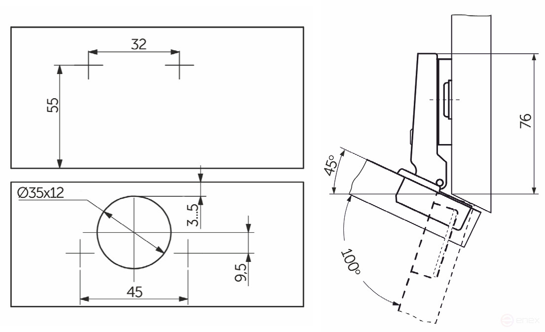 Петля угловая -45° с пружиной 45мм h2 slide-on AKS