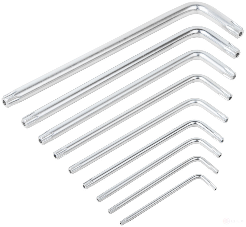 Ключи "звездочки", CrV сталь, 9 шт., Т10-Т50, с отверстием, длинные, в пластиковом держателе