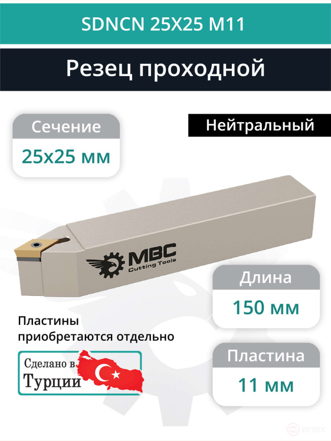 SDNCN 25X25 M11 резец токарный проходной нейтральный 25x25 мм / пластина 11 мм, DCMT 11T3**