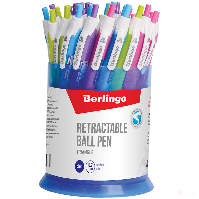 Automatic ballpoint pen Berlingo "Triangle" blue, 0.7 mm, triangular. assorted body, in a glass