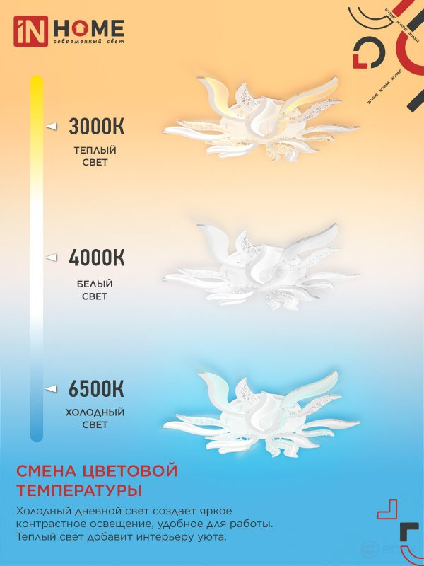 Светильник светодиодный ELEGANT FLAME 120Вт 230В 3000-6500K 1035х895х120мм c пультом ДУ белый IN HOME