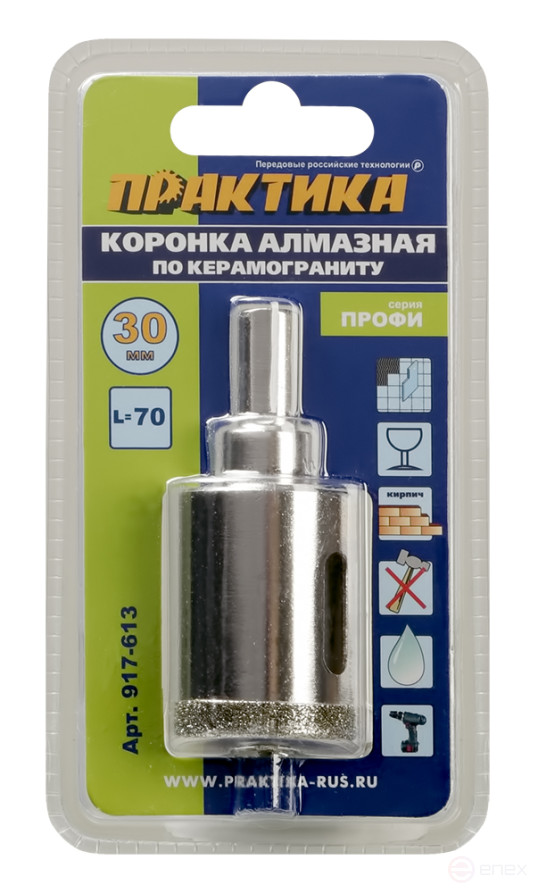 Коронка алмазная ПРАКТИКА "Профи" по керамограниту/керамике 30х70мм, пилотное сверло, (1шт) (917-613)