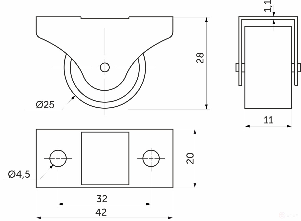 Roller meb. d25 h28 upright, black AKS