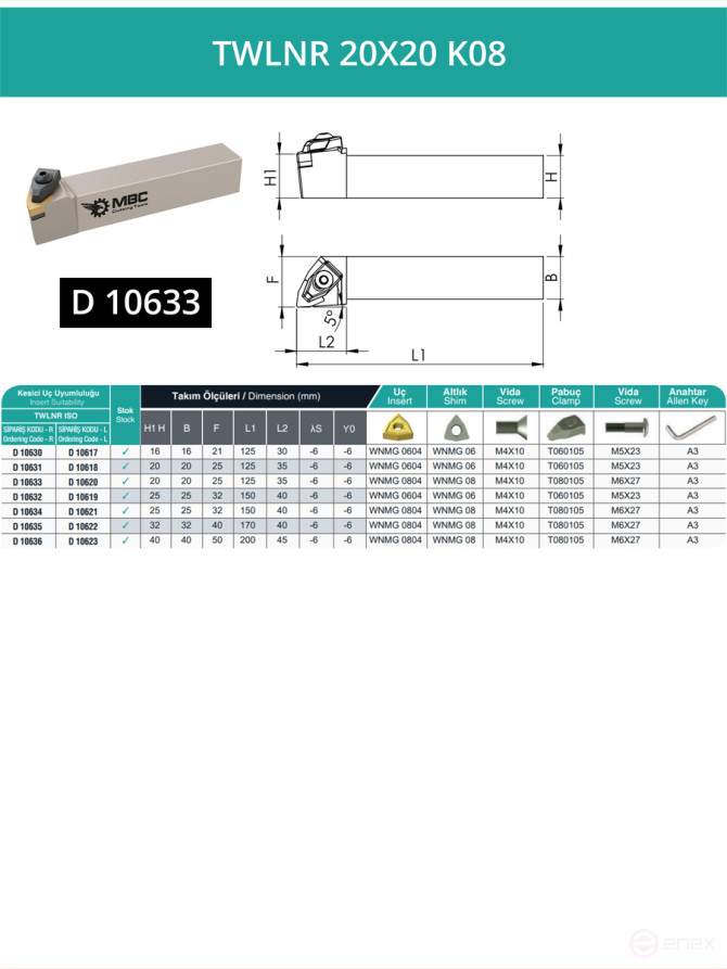 TWLNR 20X20 K08 right-hand turning tool 20x20 mm / 8 mm plate, WNMG 0804**