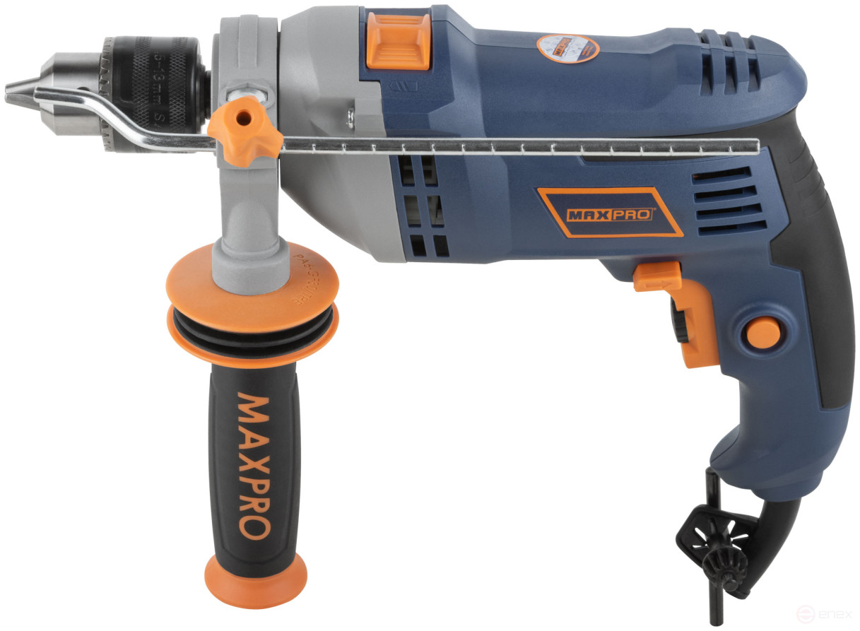 MAX-PRO Дрель ударная 850 Вт; 0-3000 об/мин; ключевой патрон 1,5-13 мм; 2,4 кг; антивибрационная ручка; меалл. корпус редуктора; резиновые вставки; ко