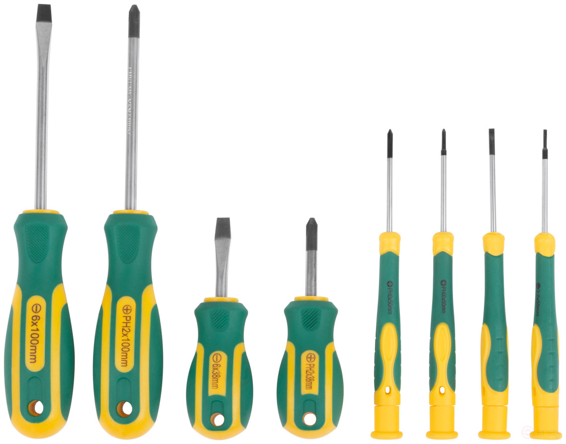 Отвертки "Контур", CrV сталь, прорезиненные ручки, 4 шт. + отвертки для точных работ 4 шт., блистер, набор 8 шт.