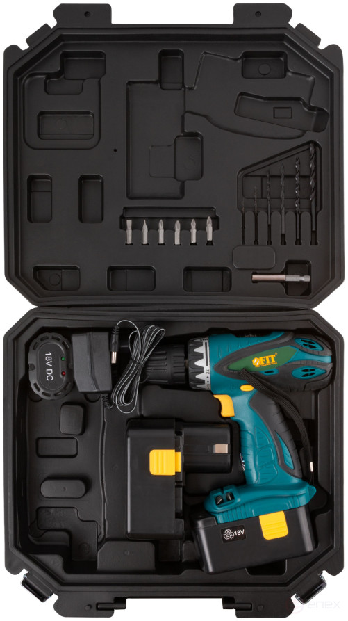 Drill-Screwdriver acc. 18.0 V; 0-550 rpm; 16.0 Nm; 2 (Ni-Cd) 1.3 Ah; 3-5 h.; res. tilt; case
