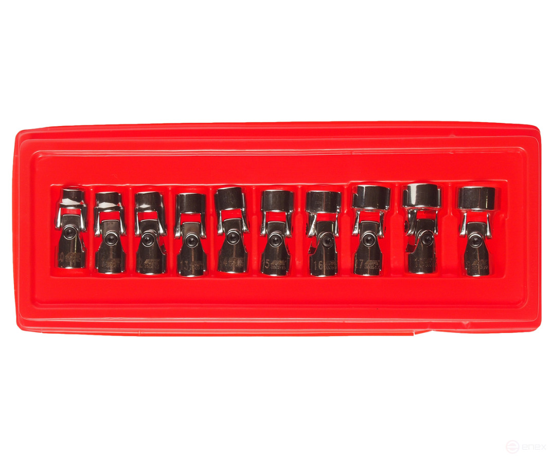 A set of 3/8" 6-sided 10-19mm socket heads with a 10-piece gimbal in a JTC case