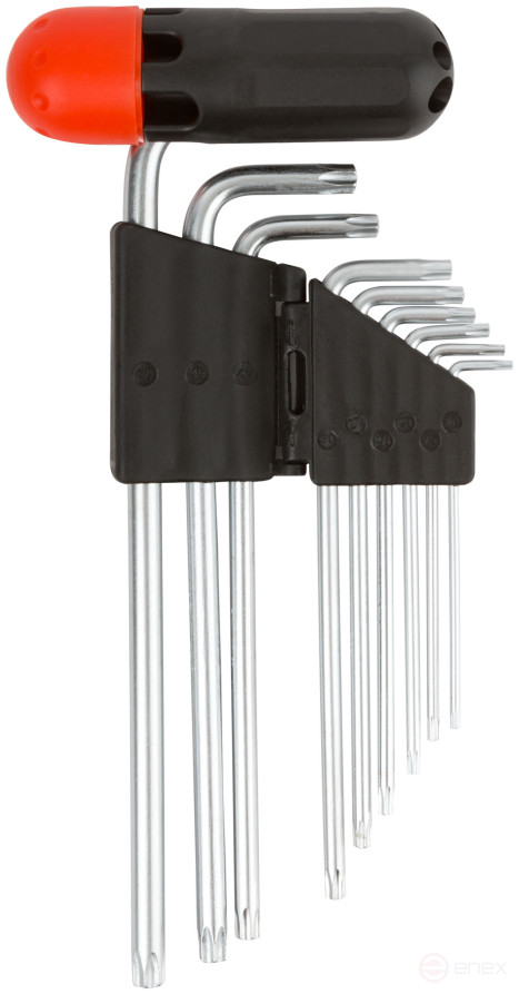 Ключи звездочки 9 шт. CrV Т10-Т50, с отверстием, длинные, с пласт.Т-обр.ручкой, Профи