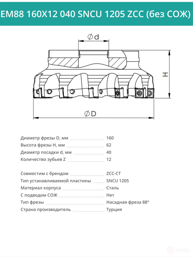 Фреза торцевая насадная 160 мм, посадка 40 мм, 12 зубьев EM88 160X12 040 SNCU 1205 ZCC (без СОЖ) под пластину ZCC-CT