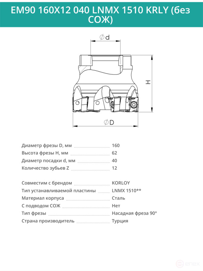 Фреза торцевая насадная 160 мм, посадка 40 мм, 12 зубьев EM90 160X12 040 LNMX 1510 KRLY (без СОЖ) под пластину KORLOY