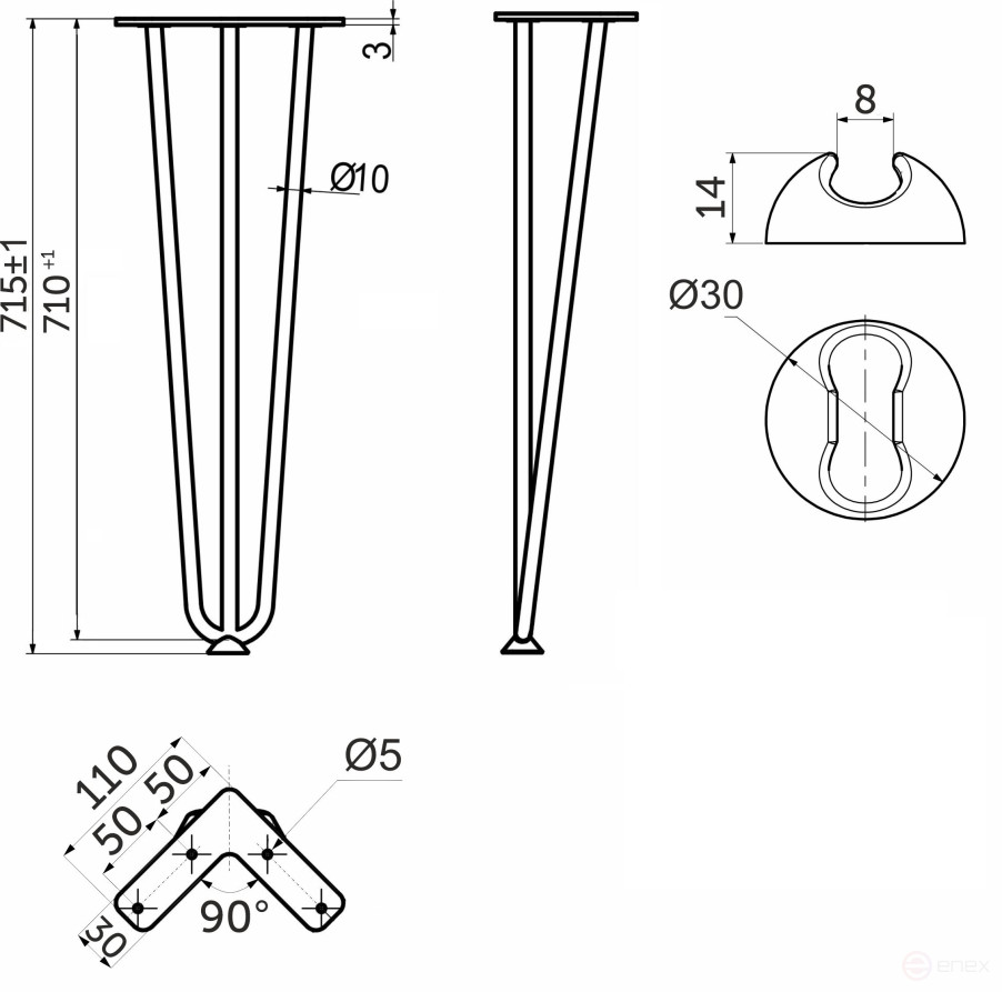 Опора меб. FLASH h715, черный AKS (без саморезов)